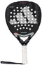 The adidas Metalbone 3.4 Padel Racket in black and white is ideal for advanced players, featuring a structured design with large white triangles, multiple perforations, and a textured grip. It includes a wrist strap at the handle's base for secure play.