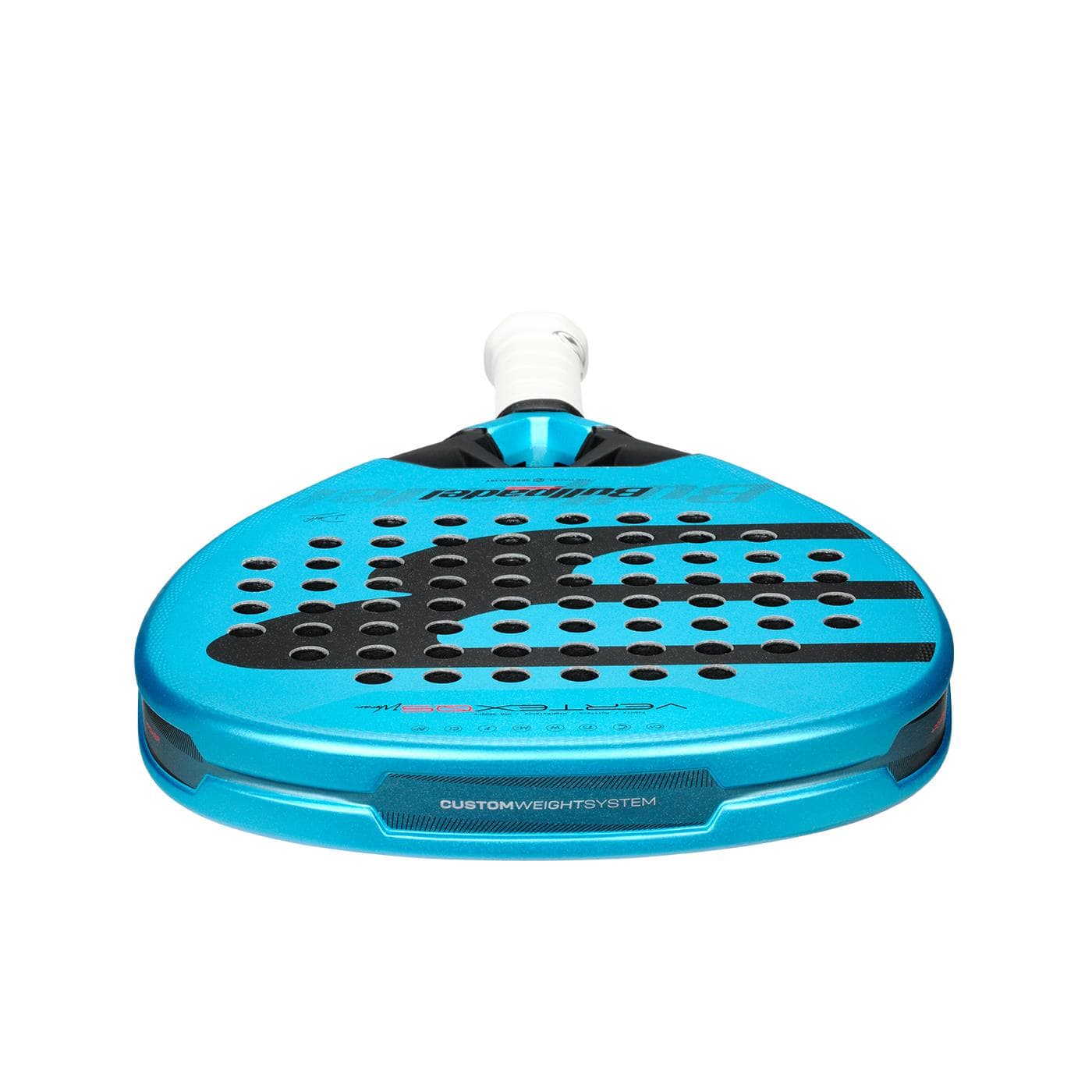 A Bullpadel Vertex 05 W 2026 Padel Racket by Bullpadel, featuring a black and blue rounded design, white grip, and multiple black holes on the face, is shown from below against a white background.