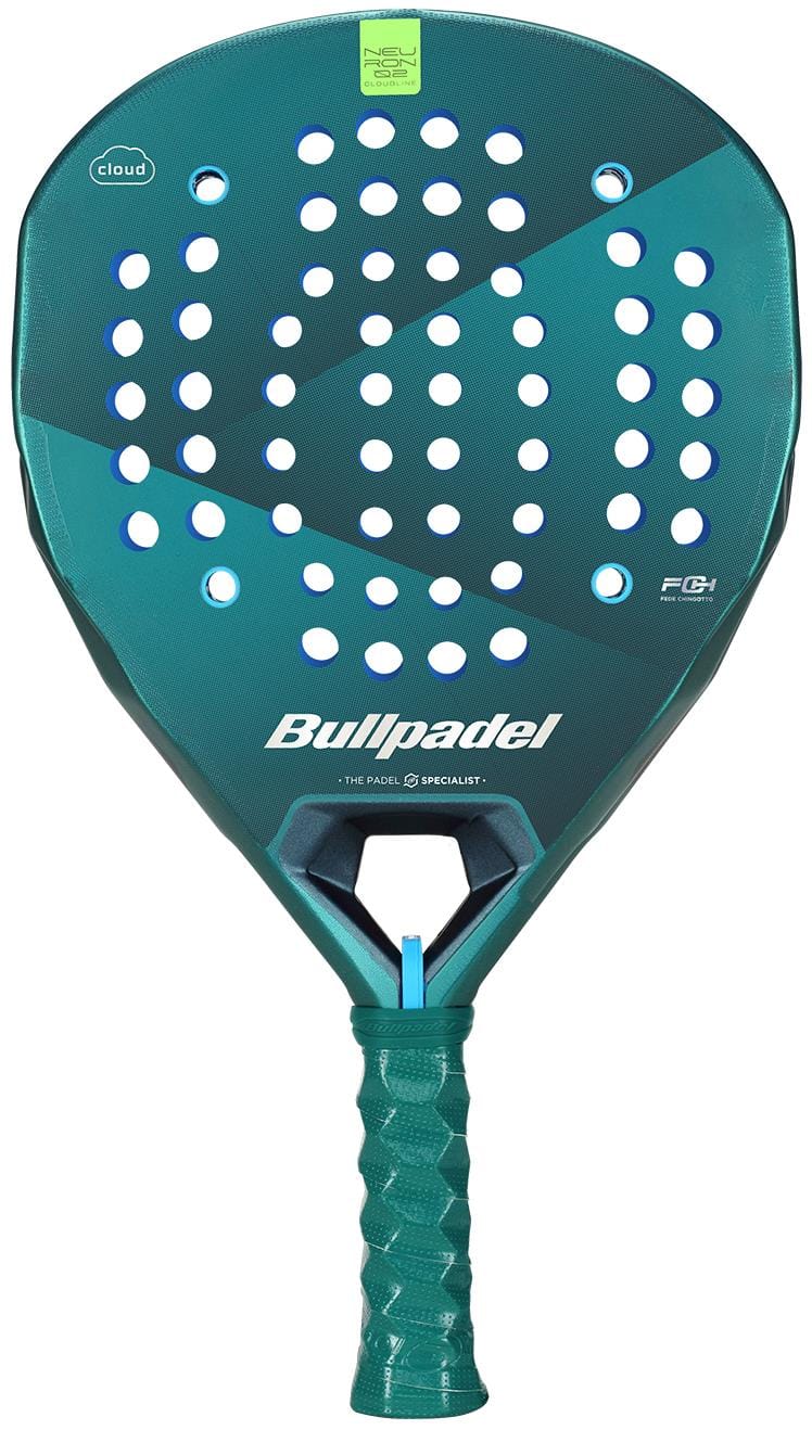 The Bullpadel Neuron 02 Cloud 2026 Padel Racket features a green, perforated face, geometric design, and textured grip. The Bullpadel brand name and logo are on the front of this control racket.