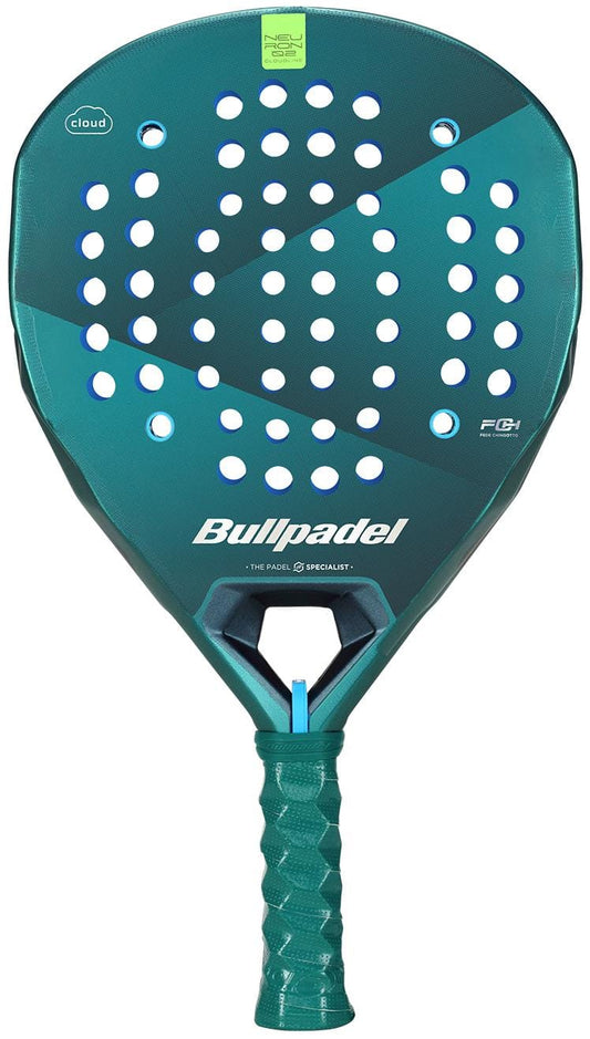 The Bullpadel Neuron 02 Cloud 2026 Padel Racket features a green, perforated face, geometric design, and textured grip. The Bullpadel brand name and logo are on the front of this control racket.