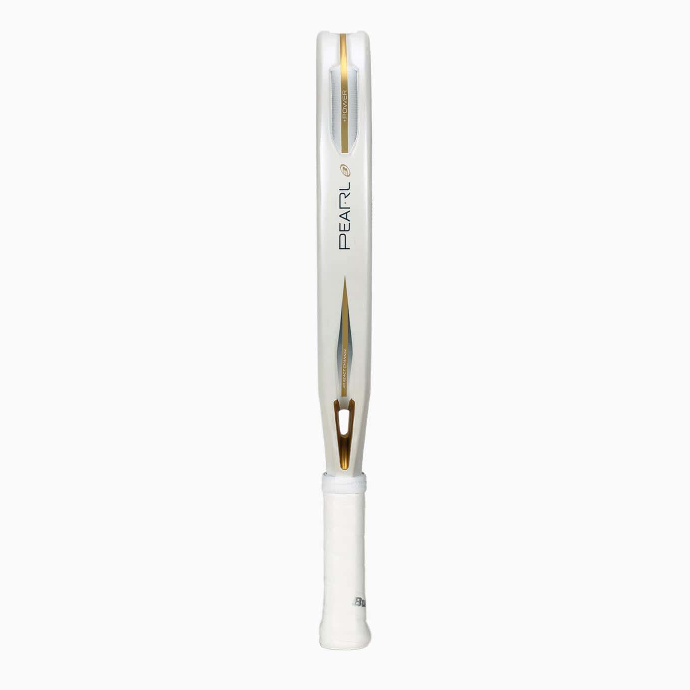 The Bullpadel Pearl 2026 Padel Racket in white is shown vertically from the side, with a slim frame, gold accents, and a white wrapped handle—offering lightweight comfort and injury prevention.