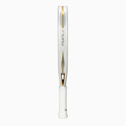 The Bullpadel Pearl 2026 Padel Racket in white is shown vertically from the side, with a slim frame, gold accents, and a white wrapped handle—offering lightweight comfort and injury prevention.