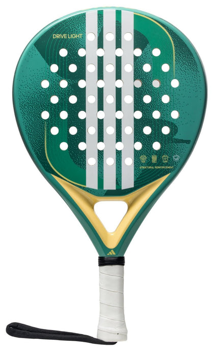 The ADIDAS Drive Light 3.4 Padel Racket in Powder Teal is a lightweight, beginner-friendly teardrop-shaped racket featuring green with white polka-dot perforations, crisp striped accents, and a yellow triangle near the handle. It includes a black wrist strap for secure holding.