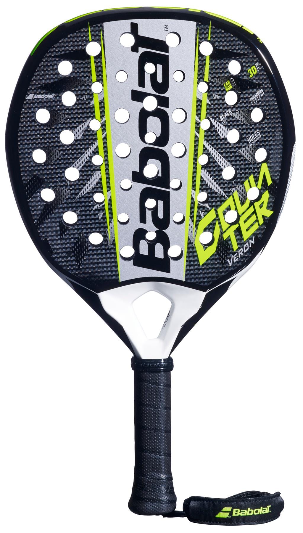 The Babolat Counter Veron 2.6 Padel Racket features CarbonFlex construction, a perforated and textured face, an oversized sweet spot, and a branded wrist strap; it comes in black, white, and yellow.