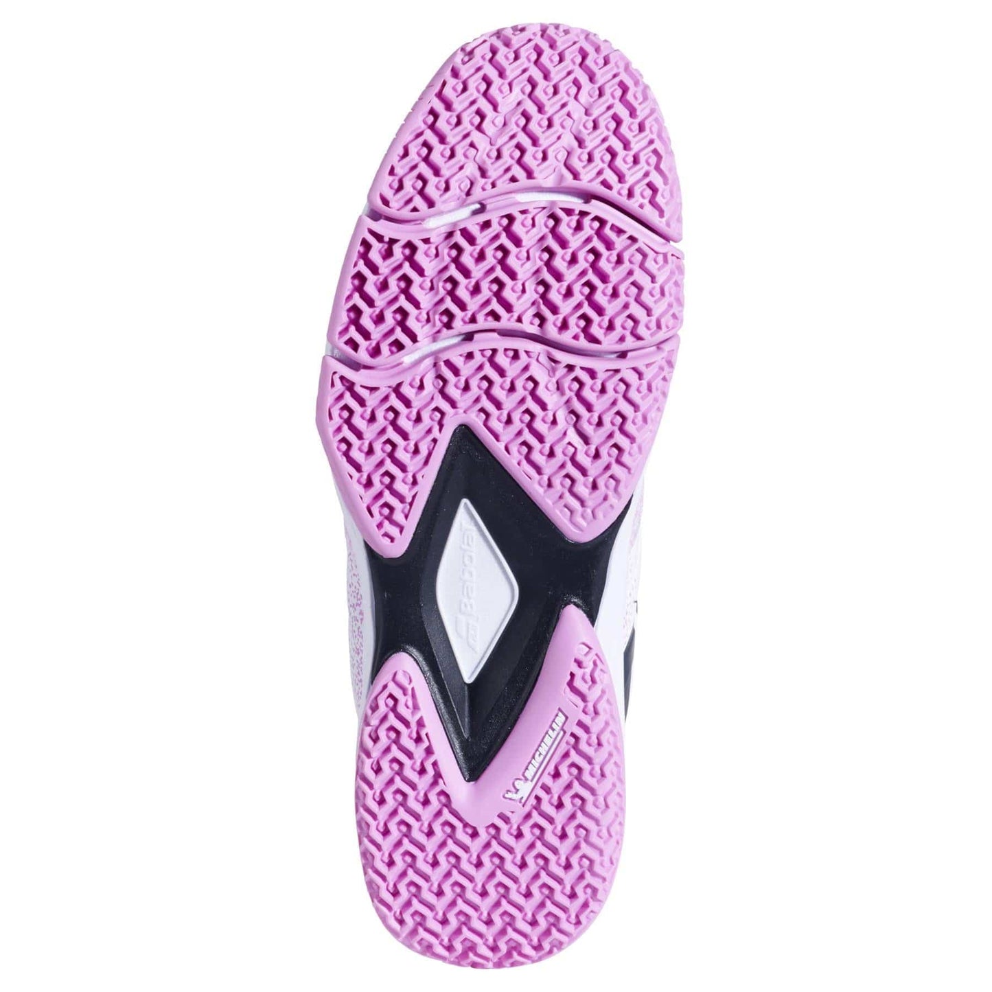 The image shows the sole of Babolat Sensa Womens Padel Shoes - White / Lilac, displaying a wavy pink tread with white and black details. The Michelin rubber outsole and "Babolat" branding are visible on the padel shoe’s sole.