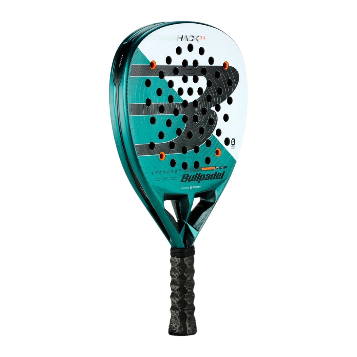 The Bullpadel Hack 04 2025 Padel Racket is a powerful and dynamic option, featuring an eye-catching white and green design. It comes equipped with a textured grip and a circular hole pattern, with the "Bullpadel" brand name elegantly displayed on its surface.