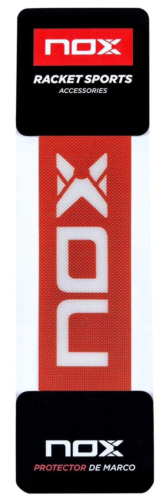 The NOX Protector Padel Racket Protection Strip in red features a bold white NOX logo, strong 3M adhesive tape for secure fit, and comes packaged on black cards labeled "NOX RACKET SPORTS ACCESSORIES" and "NOX PROTECTOR DE MARCO.