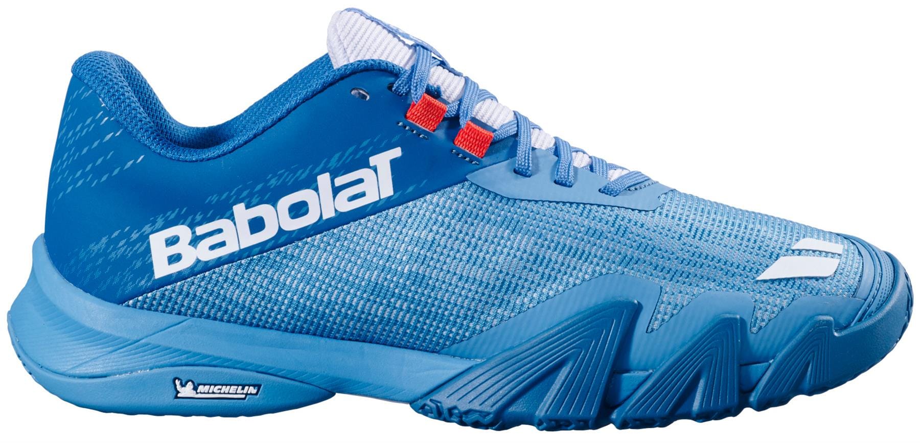 The Babolat Jet Viva Men's Padel Shoes in Blue Moon/Seaport feature a white side logo, red eyelets, textured mesh design, sturdy sole, and Michelin logo near the heel for lightweight padel performance.