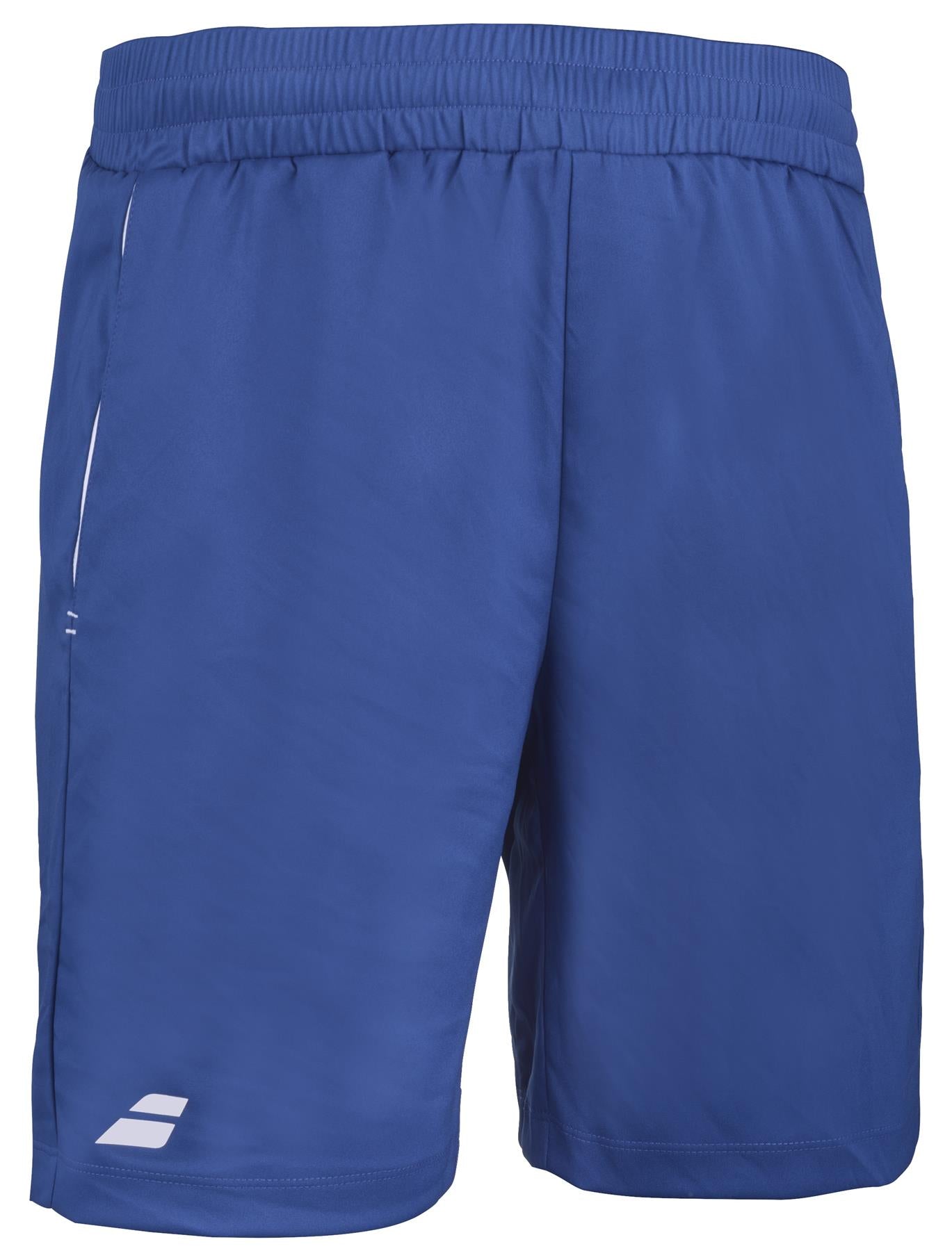 A pair of Babolat Play Men's Padel Shorts in Sodalite Blue, featuring an elastic waistband and a small white logo on one leg. Made from lightweight recycled polyester fabric, these shorts provide 360 Motion flexibility, ideal for sports or casual wear.