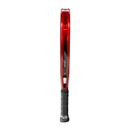 The stylish and contemporary Bullpadel Xplo Comfort 2025 Padel Racket - Red / Black is highlighted from the side, accentuating its slender design. This red racket by Bullpadel features a textured black handle, branding along the frame, and guarantees explosive power with every swing.