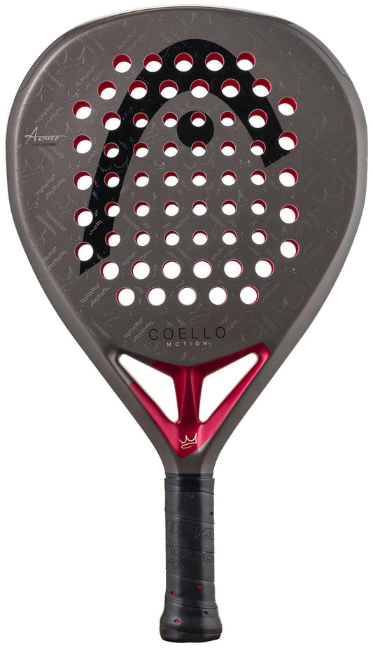 The HEAD Coello Motion 2026 Padel Racket features a teardrop shape, black and gray design with red accents, circular center holes, and displays the HEAD logo plus "COELLO MOTION," inspired by Arturo Coello’s style.