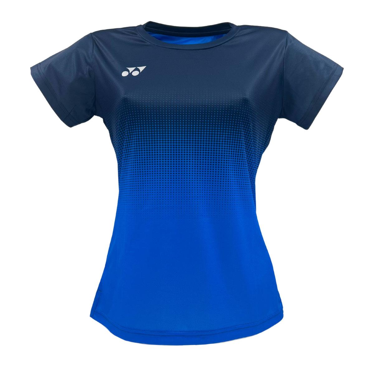 Short-sleeved Yonex YTL5 Women's Padel T-Shirt in royal to navy ombre with moisture-wicking polyester and a small white logo on the chest.