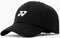 The Yonex 40125EX Padel Cap in black features a minimalist white logo on the front. Made by Yonex, it offers lightweight, breathable fabric and adjustable sizing for comfort, shown against a plain light background.