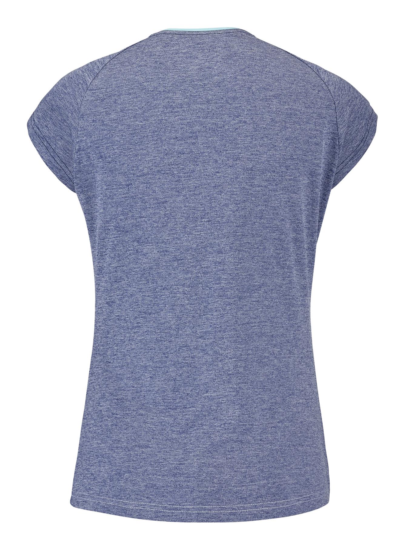 Back view of a plain short-sleeved blue-gray T-shirt against a white background. The shirt, known as the Babolat Play Women's Padel Cap Sleeve Top in White / Blue Heather, showcases a heathered texture and simple, casual design, enhanced with Fiber Dry technology for added comfort.