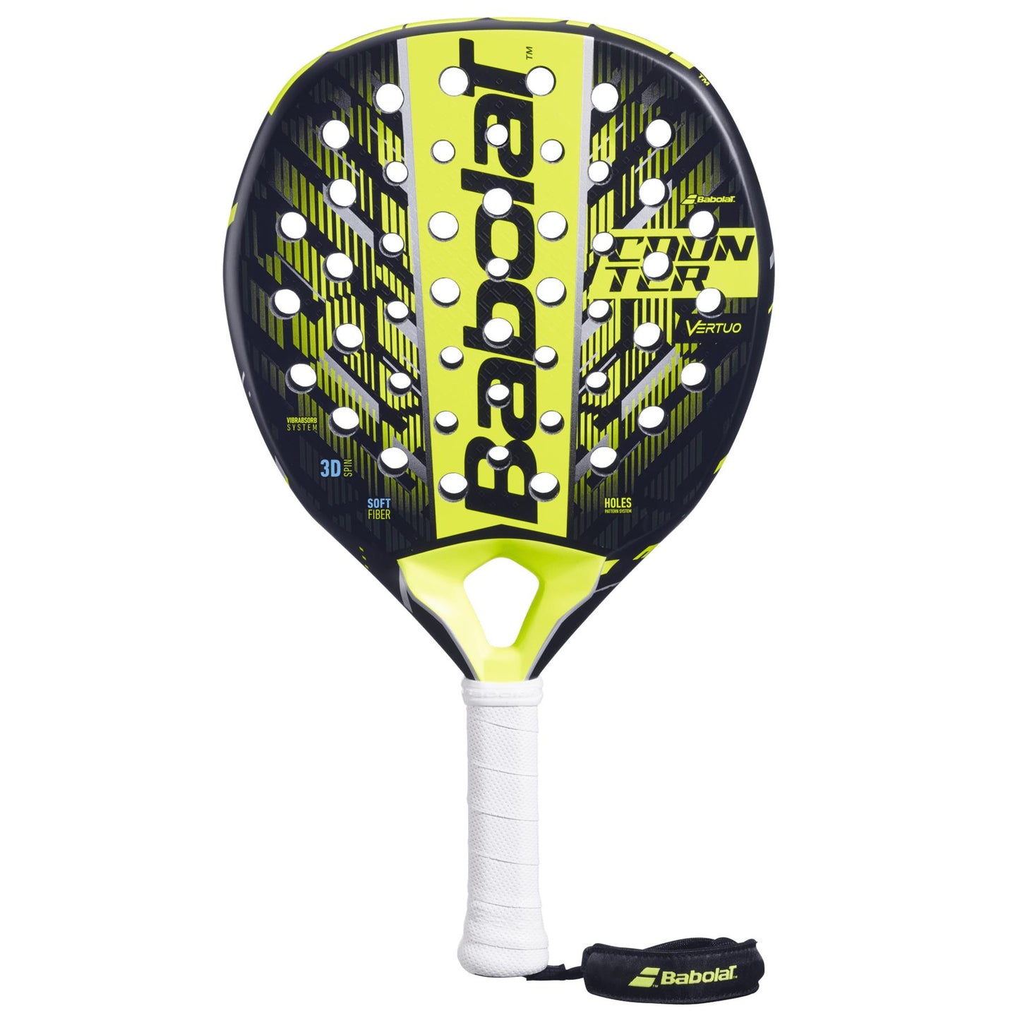The Babolat Counter Vertuo 2.5 Padel Racket in black and yellow features a white grip, multiple paddle face holes, and showcases the Babolat logo. Designed for effortless power and superior vibration absorption.