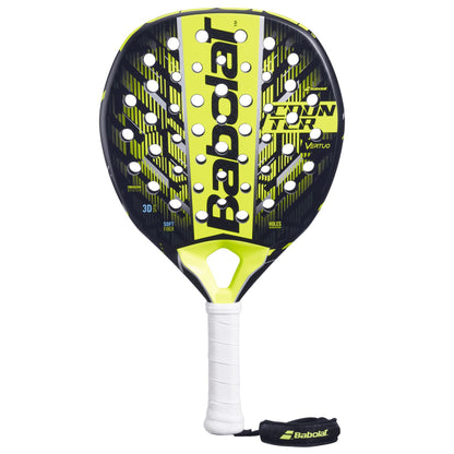 The Babolat Counter Vertuo 2.5 Padel Racket in black and yellow features a white grip, multiple paddle face holes, and showcases the Babolat logo. Designed for effortless power and superior vibration absorption.
