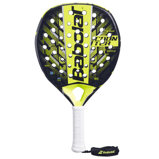 The Babolat Counter Vertuo 2.5 Padel Racket in black and yellow features a white grip, multiple paddle face holes, and showcases the Babolat logo. Designed for effortless power and superior vibration absorption.