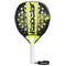The Babolat Counter Vertuo 2.5 Padel Racket in black and yellow features a white grip, multiple paddle face holes, and showcases the Babolat logo. Designed for effortless power and superior vibration absorption.