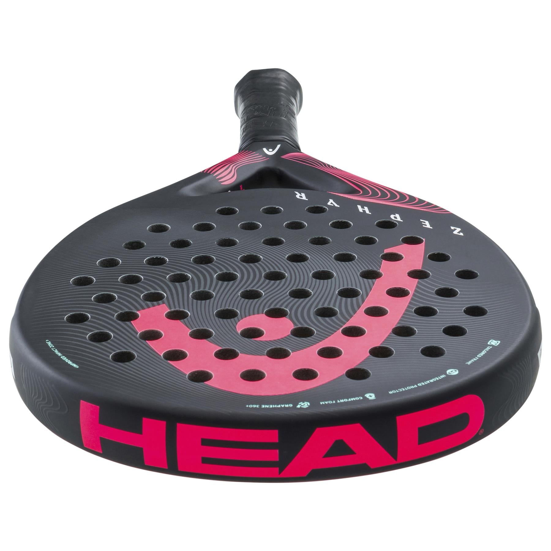 The HEAD Zephyr 2023 padel racket, crafted with Graphene 360+ technology, features a perforated circular face in black and pink. Displaying the "HEAD" brand in bold red letters at the bottom along with striking graphics on the handle, this racket is designed to offer enhanced power through its innovative design.