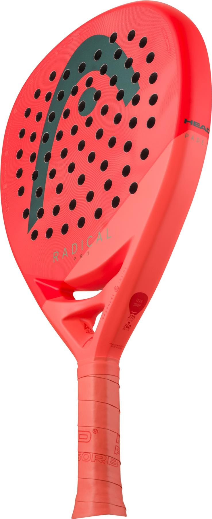 The HEAD Radical Pro 2026 Padel Racket in orange and green, featuring a round head, perforated holes, black logo, and wrapped grip, is designed for advanced players wanting precision and control; shown on a white background.