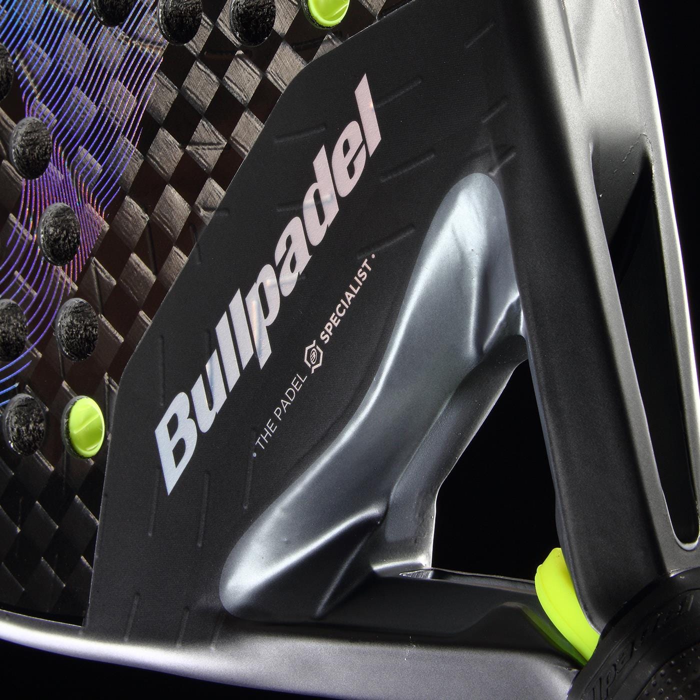 Close-up of the Bullpadel XPLO 2026 Padel Racket - Black, showcasing the Bullpadel logo and textured surface with bold black accents and neon green details.