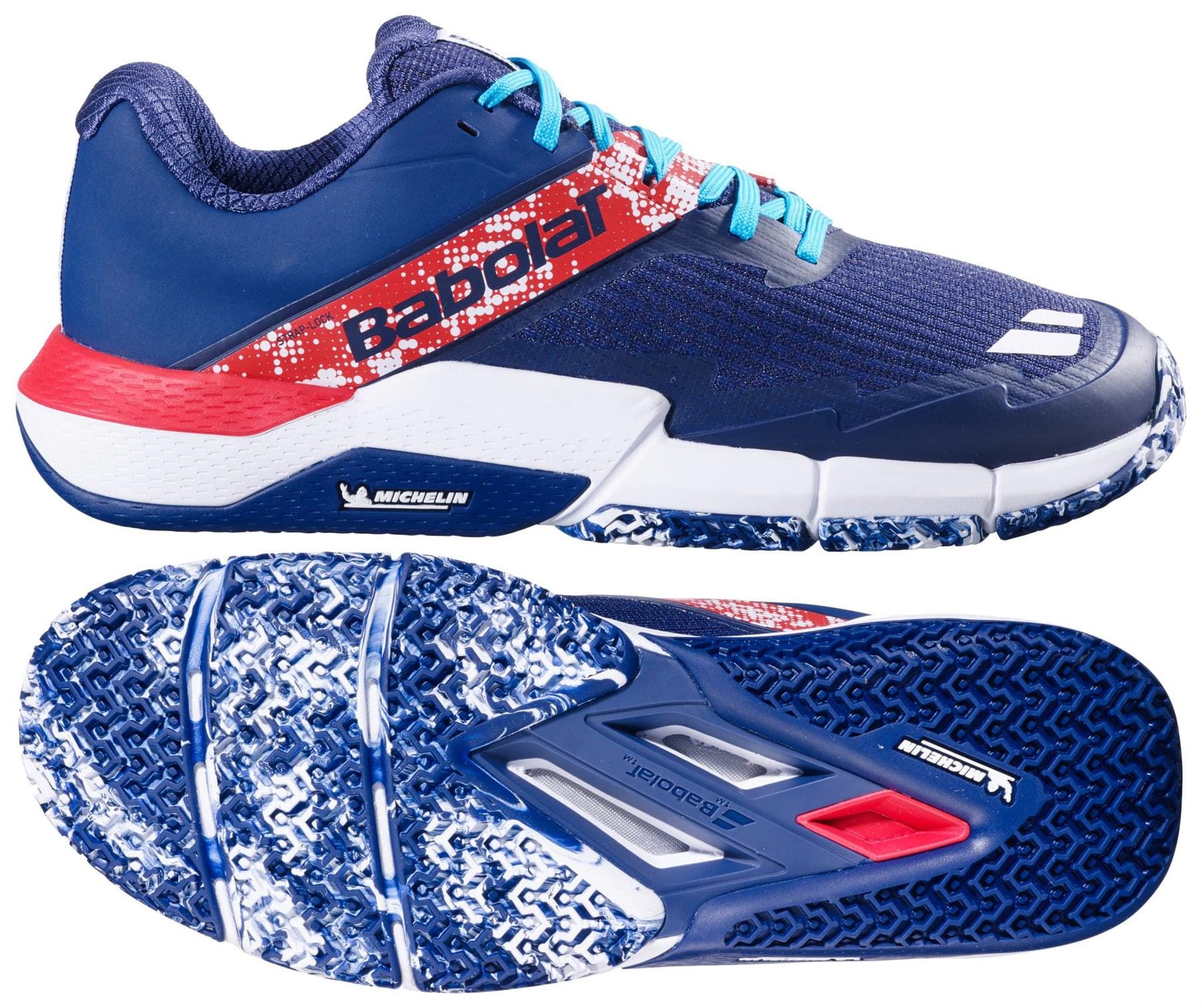 The Babolat Movea 2 Men's Padel Shoes in dark blue with chilli red and white accents feature turquoise laces, durable Michelin rubber soles with textured tread, and display the Michelin logo.