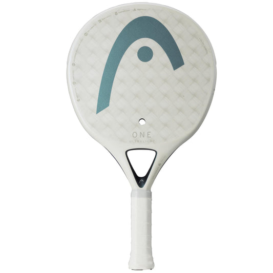 The HEAD One Ultralight Padel Racket - White, designed by HEAD, showcases a light blue arc logo on its diamond-patterned surface and features a textured white handle. It is enhanced with Auxetic technology for improved performance.