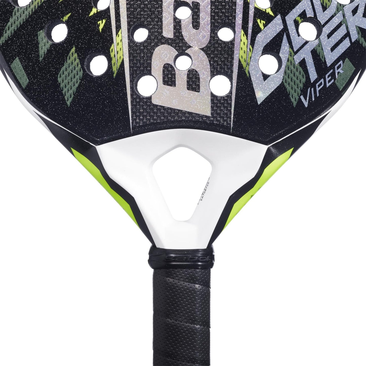 Close-up of the Babolat Counter Viper 2.6 Padel Racket, a black and white Babolat model with green accents, textured 3K carbon surface, circular holes, "Viper" printed at the top, and a handle wrapped in black grip tape.
