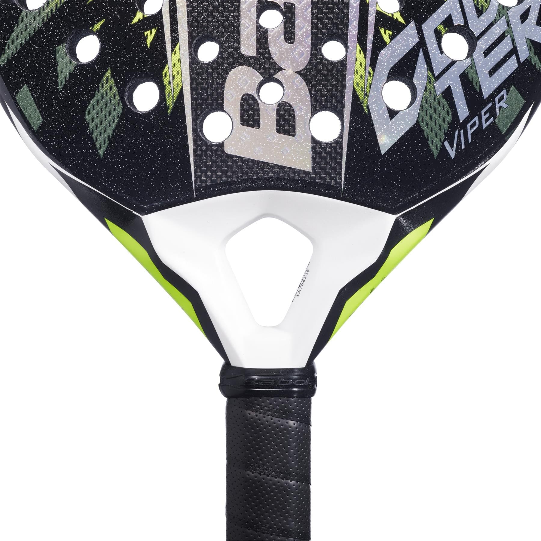 Close-up of the Babolat Counter Viper 2.6 Padel Racket, a black and white Babolat model with green accents, textured 3K carbon surface, circular holes, "Viper" printed at the top, and a handle wrapped in black grip tape.