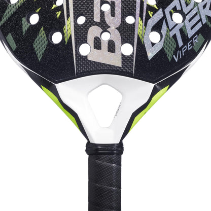 Close-up of the Babolat Counter Viper 2.6 Padel Racket, a black and white Babolat model with green accents, textured 3K carbon surface, circular holes, "Viper" printed at the top, and a handle wrapped in black grip tape.