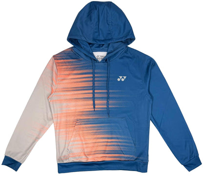The Yonex YHD2025 Unisex Padel Hoodie - Sunset is a blue Yonex hoodie featuring a white and peach gradient dot pattern on the left sleeve and chest, a kangaroo pocket, a small white logo on the chest, and soft Poly-Tech Knit fabric for comfort.