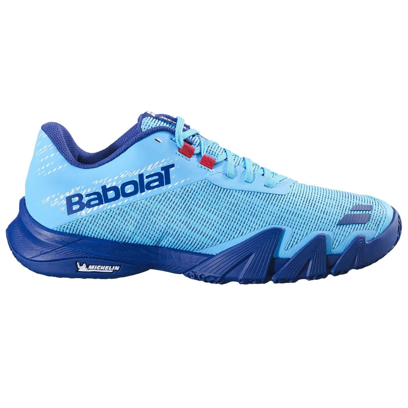 The Babolat Jet Viva Mens Padel Shoes - Scuba Blue feature a mesh upper, navy sole, white "Babolat" logo, red lace eyelets, and Michelin midsole branding. Designed for intermediate padel players.