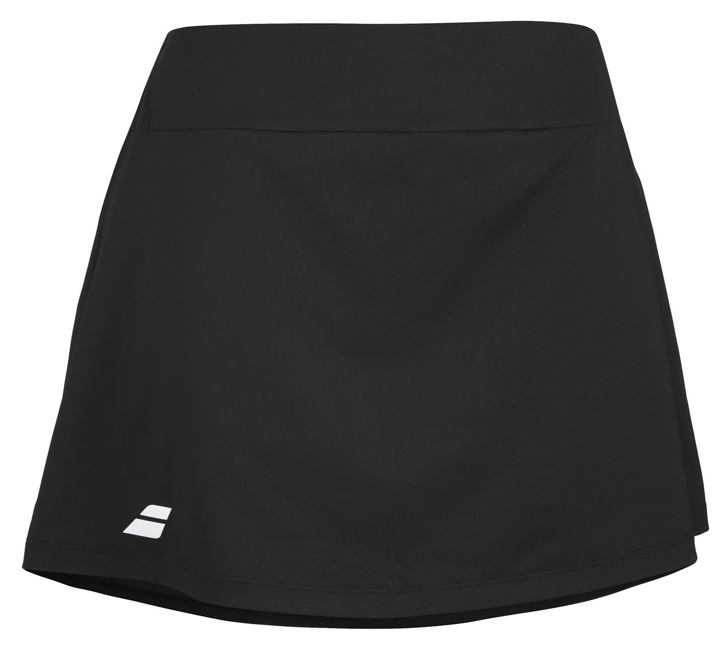 The Babolat Play Women's Padel Skirt in black is made from recycled polyester and sports a small white logo on the bottom left corner. This skirt offers a minimalist design with a smooth finish and slight flare at the hem, making it ideal for agile movements both on and off the court.