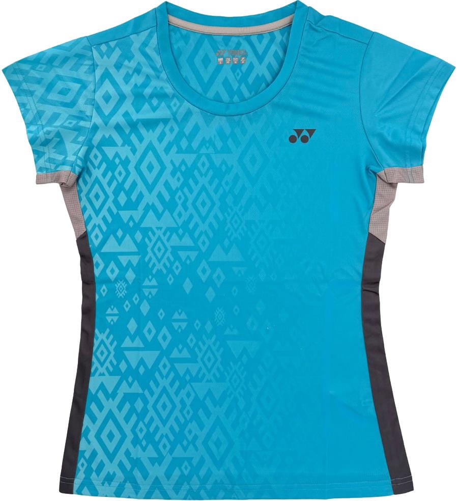 The Yonex YTL11 Womens Padel T-Shirt - Blue Sea is a short-sleeved top with dark side panels and a geometric front pattern, a small black chest logo, and is made from lightweight performance fabric.
