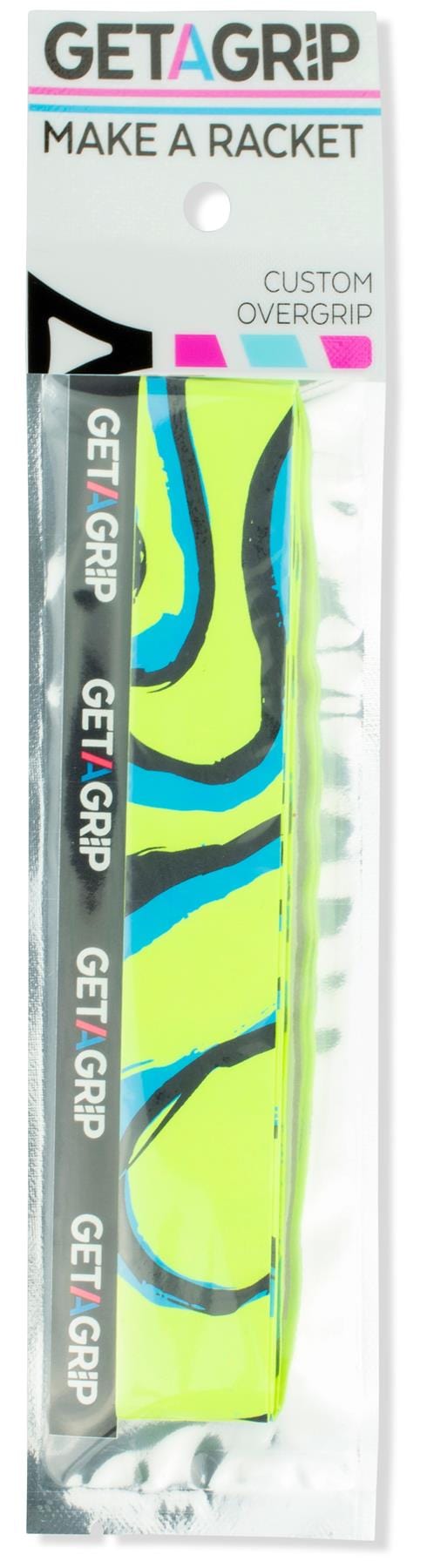 The Get a Grip Padel Overgrip - The Flow features neon yellow with blue and black wavy lines in bold "GETAGRIP MAKE A RACKET" packaging. Upgrade your racket with this premium overgrip from Get A Grip.