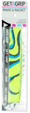 The Get a Grip Padel Overgrip - The Flow features neon yellow with blue and black wavy lines in bold "GETAGRIP MAKE A RACKET" packaging. Upgrade your racket with this premium overgrip from Get A Grip.