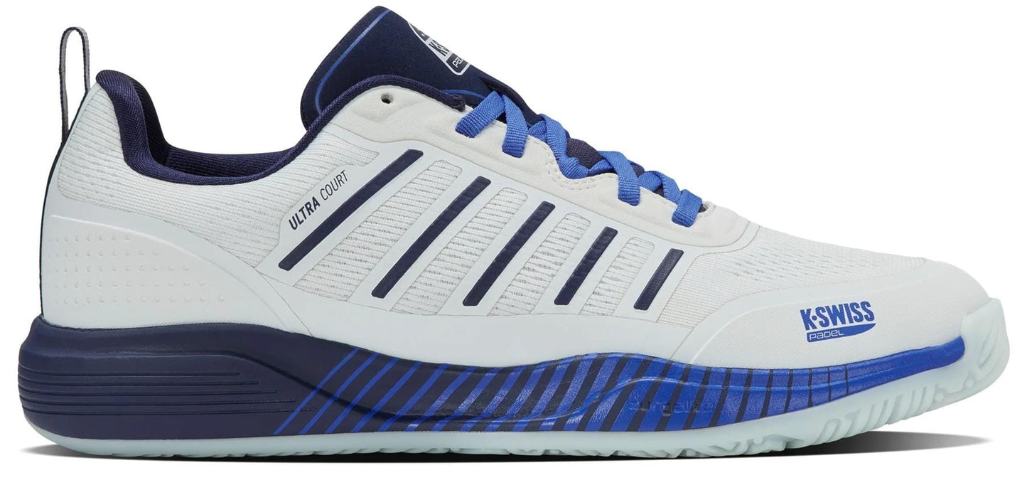 The K-Swiss Ultra Court Men's Padel Shoes in Bit Of Blue/Naval Academy/Dazzling Blue feature vertical side stripes, blue laces, and "Ultra Court" and "K-Swiss" branding—a high-performance padel shoe shown on a white background.