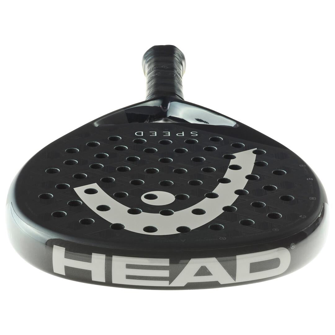 The HEAD Speed Pro 2025 Padel Racket - Black flaunts a chic design with circular holes and "Speed" lettering. It features Auxetic 2.0 technology and Power Foam for exceptional on-court performance.