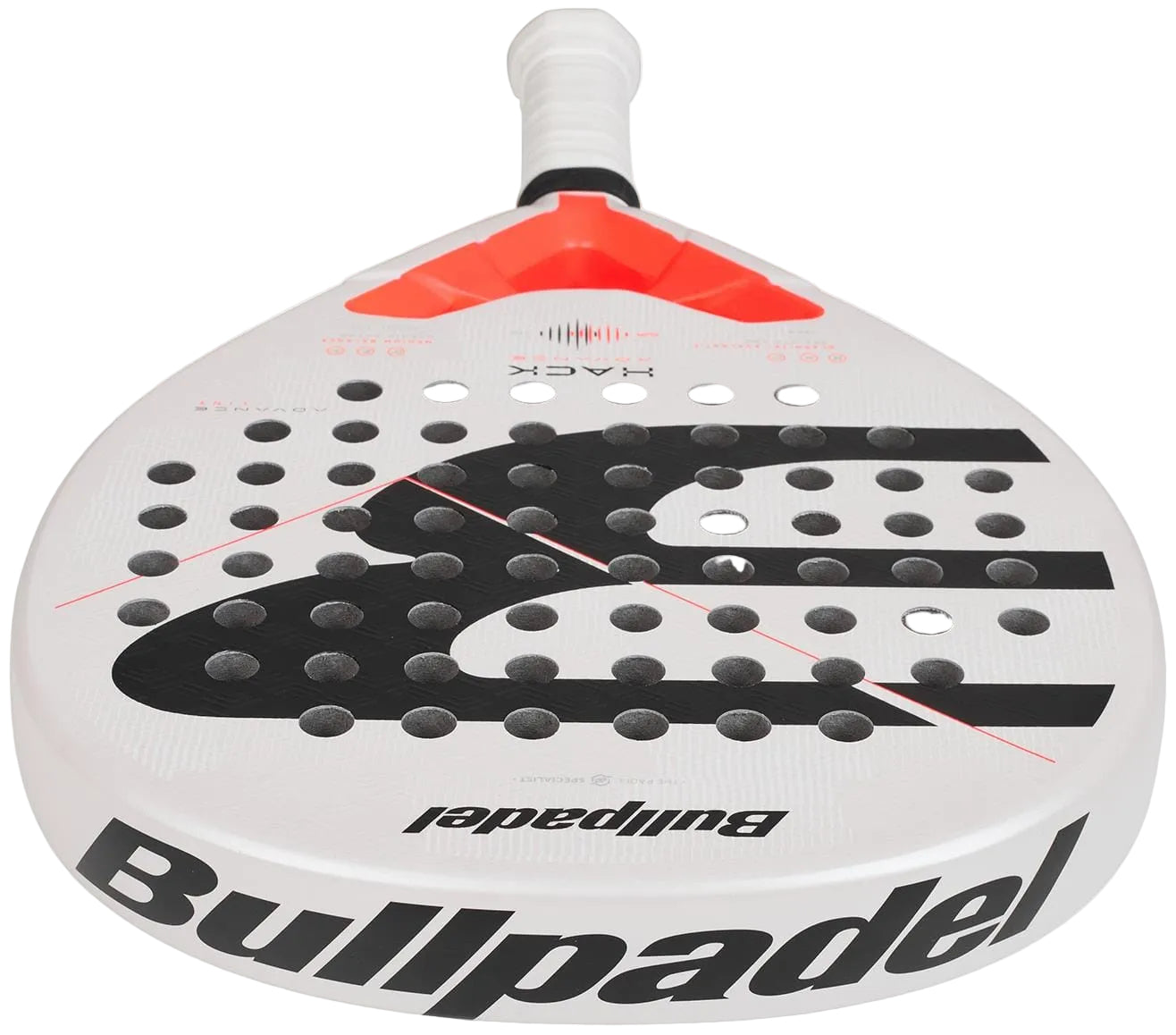 The Bullpadel Hack Advance 2026 Padel Racket is a high-performance white racket with black and red accents, featuring the Bullpadel logo, brand name, and circular holes on the face.