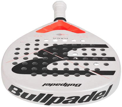 The Bullpadel Hack Advance 2026 Padel Racket is a high-performance white racket with black and red accents, featuring the Bullpadel logo, brand name, and circular holes on the face.