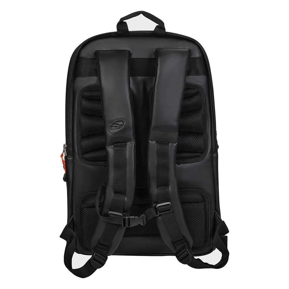 The Bullpadel BPM26002 Hack Padel Backpack - Grey, by Bullpadel, is shown from the back with padded shoulder straps, mesh padding for comfort, an orange zipper pull on the side, and a small carrying handle at the top—a favorite of Paquito Navarro.