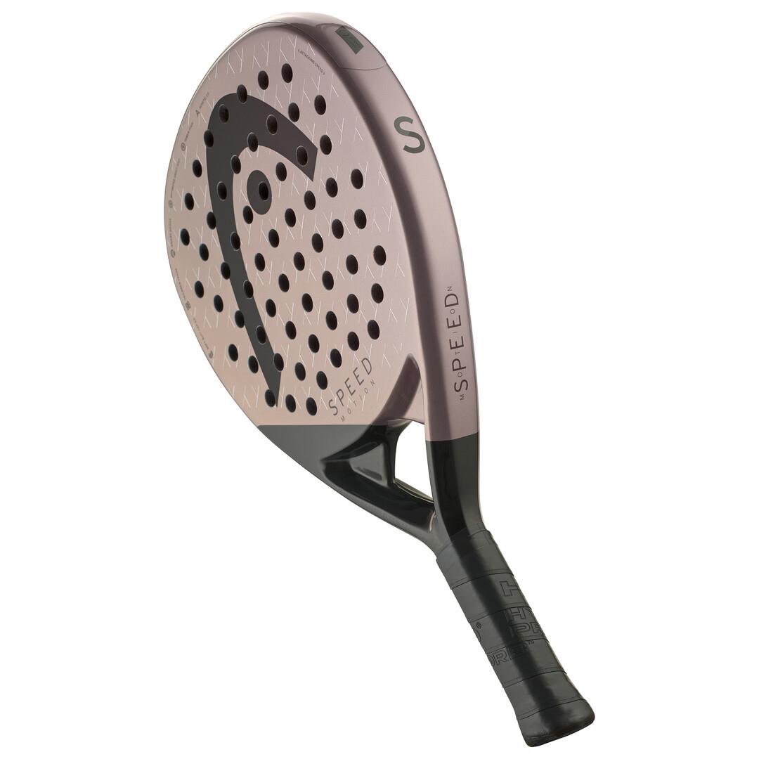 The HEAD Speed Motion 2025 Padel Racket in copper and black, endorsed by Ari Sánchez, features a perforated face with "SPEED" on the side. It includes Auxetic 2.0 technology for superior power and control and showcases the brand's logo on the surface.