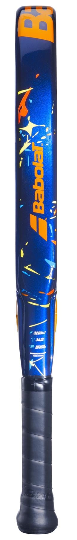 The Babolat Alioth Junior Padel Racket in blue and orange, featuring a black grip tape, is an ideal choice for kids or junior players. Brand: Babolat.