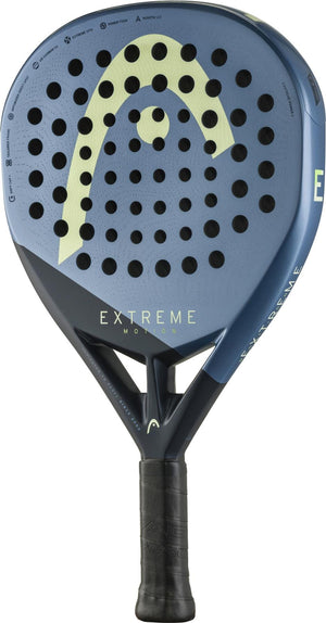 The HEAD Extreme Motion 2025 Padel Racket features a blue and black design with yellow accents, the word "EXTREME" on the face, and a perforated surface—ideal for players wanting a powerful padel racket.