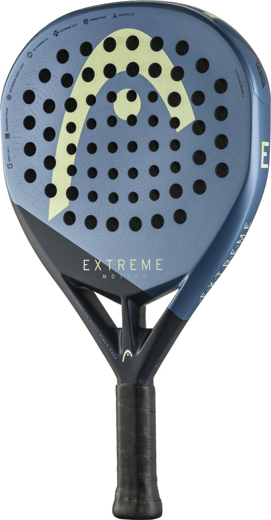 The HEAD Extreme Motion 2025 Padel Racket - Blue features a perforated face, black grip, and "EXTREME" in yellow on the front—perfect for players after power and precision.