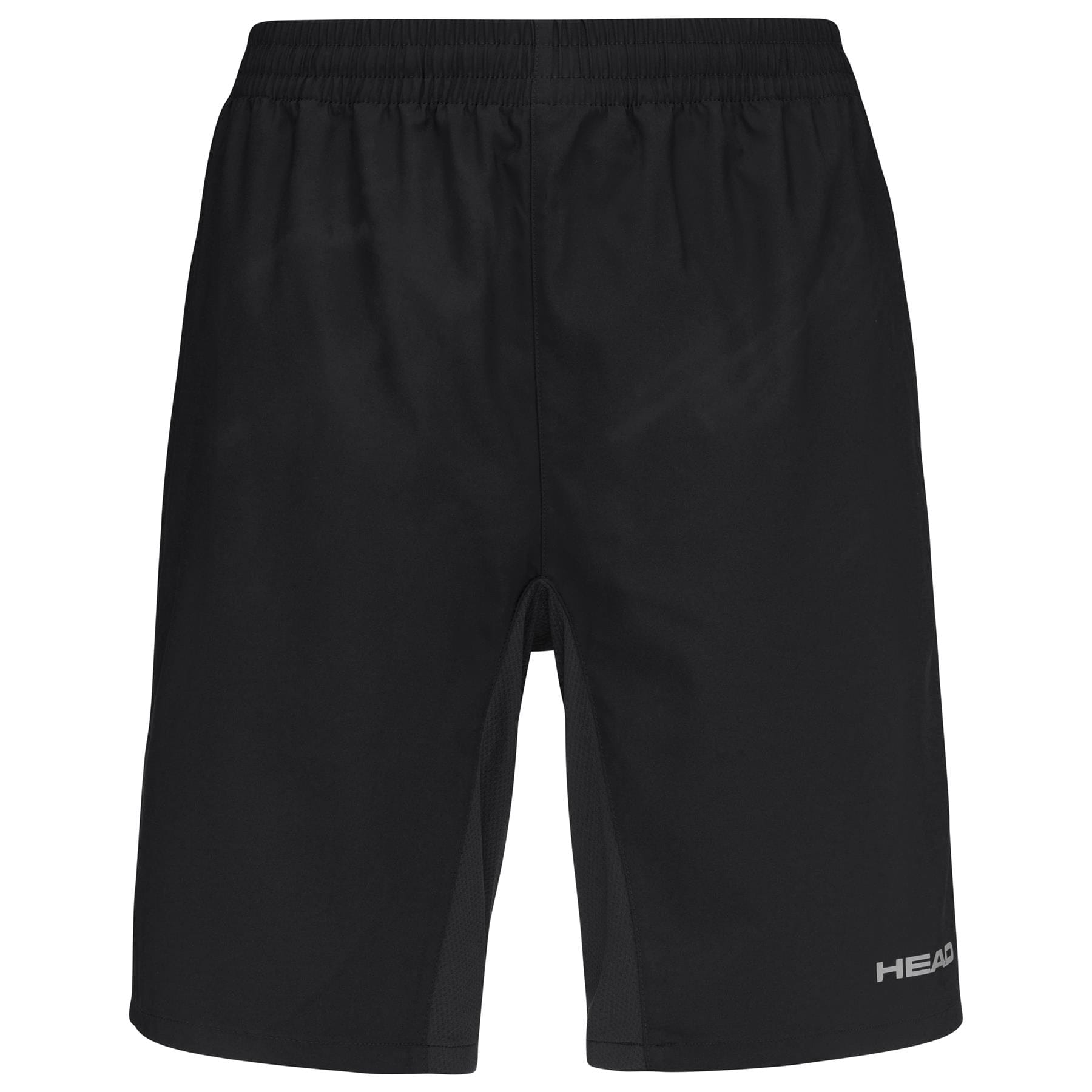 The HEAD Club Bermudas Men's Padel Shorts in black feature an elastic waistband, breathable fabric, and a small white "HEAD" logo on the lower right leg, shown in a simple front view.