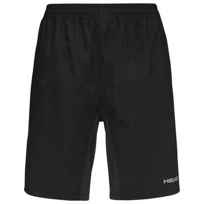 The HEAD Club Bermudas Men's Padel Shorts in black feature an elastic waistband, breathable fabric, and a small white "HEAD" logo on the lower right leg, shown in a simple front view.