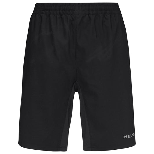 The HEAD Club Bermudas Men's Padel Shorts in black feature an elastic waistband, breathable fabric, and a small white "HEAD" logo on the lower right leg, shown in a simple front view.