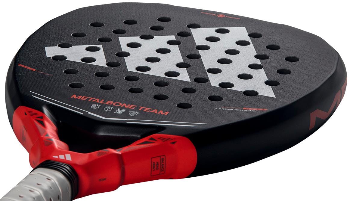 Close-up of the adidas Metalbone Team 2026 Padel Racket - Black / Red, featuring a black face, red handle, white geometric design, and Spin Blade Gritt texture for superior spin control.