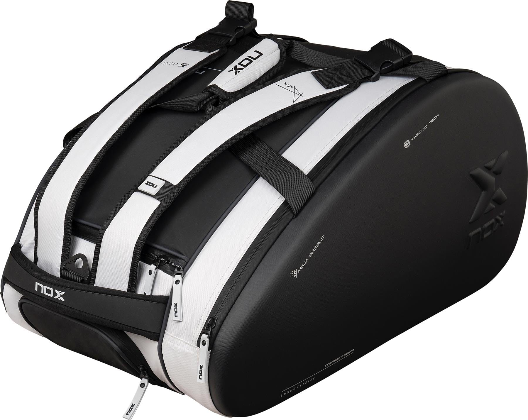 The NOX Luxury Master Series Padel Racket Bag in black and white, featuring multiple straps and zippers with the NOX logo, is designed for carrying padel gear—ideal for players seeking style and functionality.
